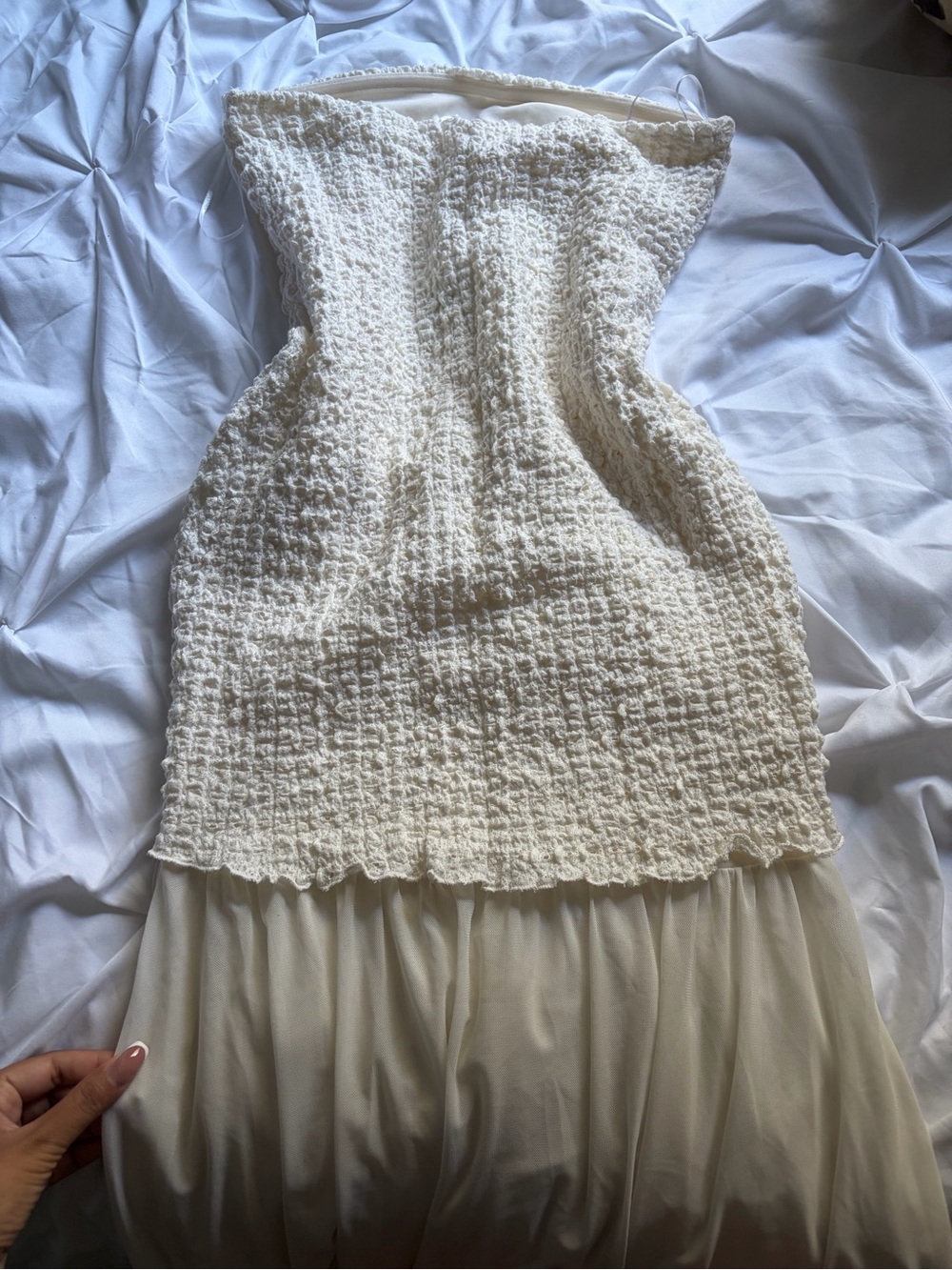 Cream Strapless Textured Midi Dress - Mesh underlay Vacation dress